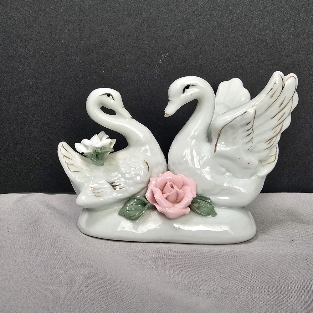 Porcelain Swan Figurine Vintage MCM Inspired Love Roses 4.5x3